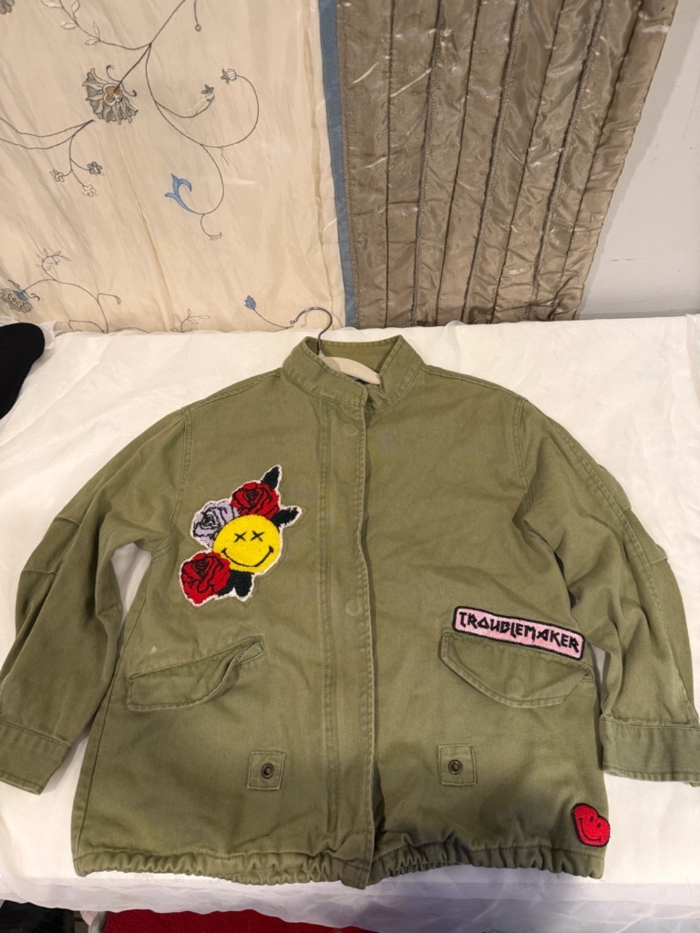 Zara Olive Green Patchwork Jean Jacket with Red & Yellow Accents